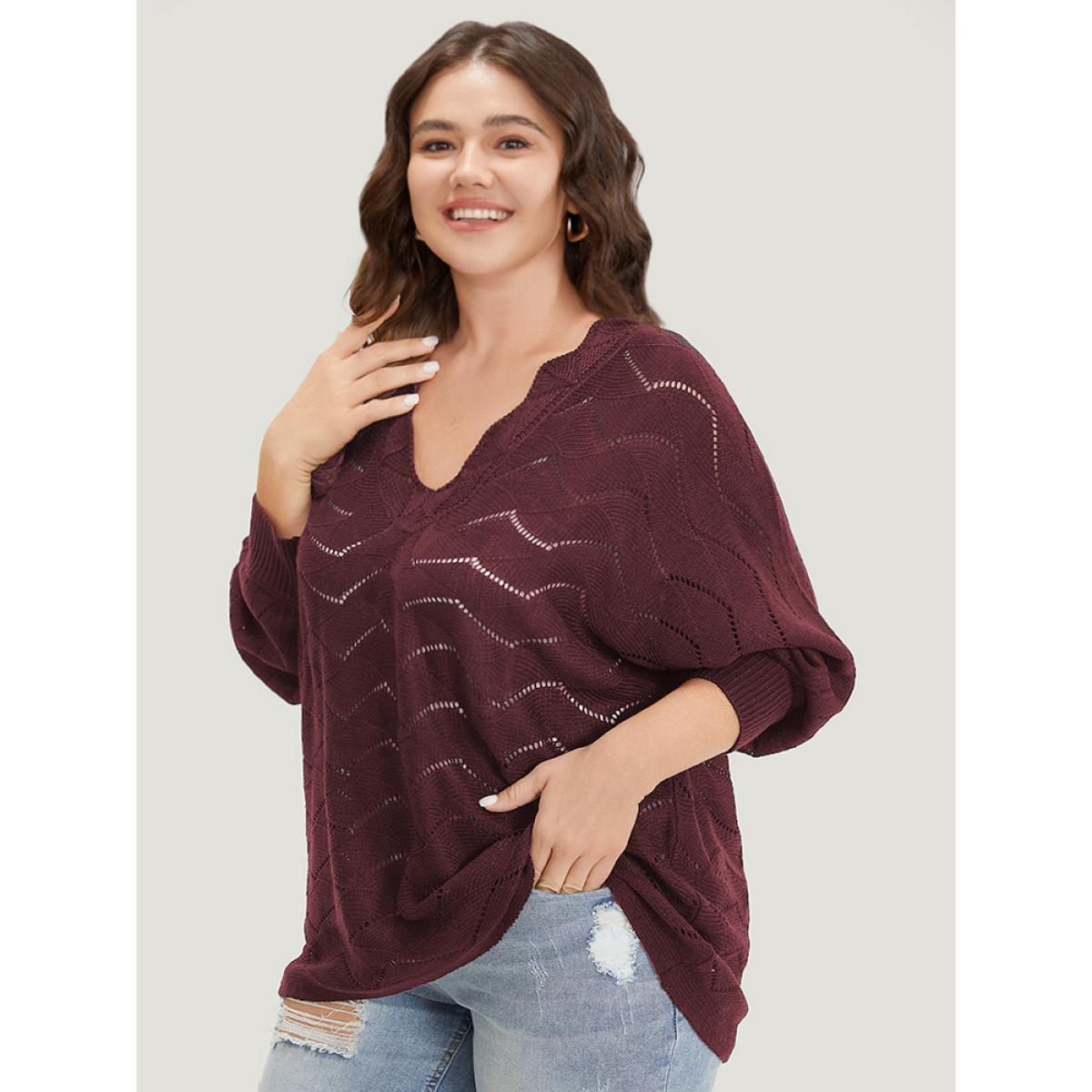 Plus Size Plain Geometric Eyelet Elastic Cuffs Patchwork Pullover Burgundy Women Casual Loose Long Sleeve V-neck Dailywear Pullovers BloomChic 12/L Product Image