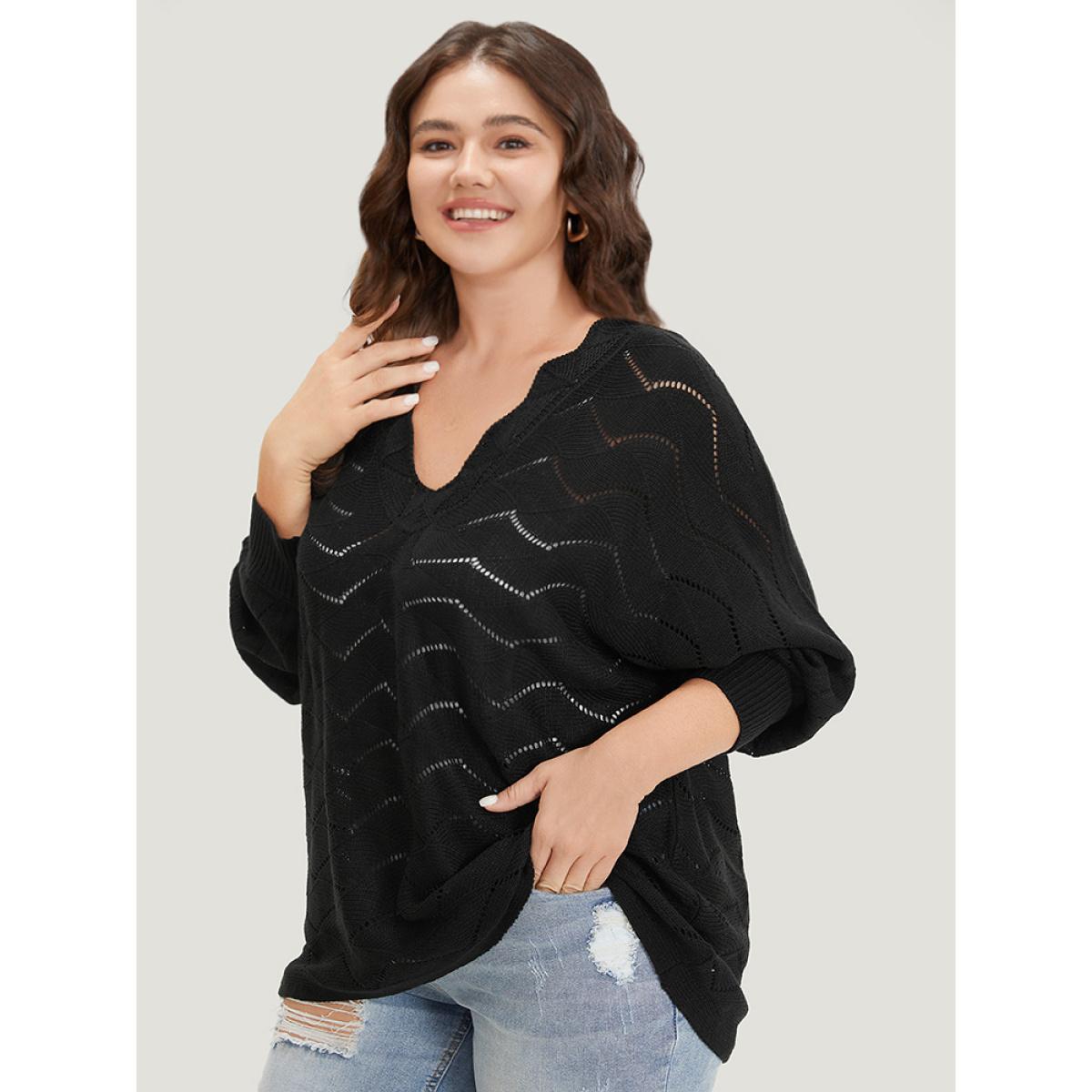 Plus Size Plain Geometric Eyelet Elastic Cuffs Patchwork Pullover Black Women Casual Loose Long Sleeve V-neck Dailywear Pullovers BloomChic 30/6X Product Image