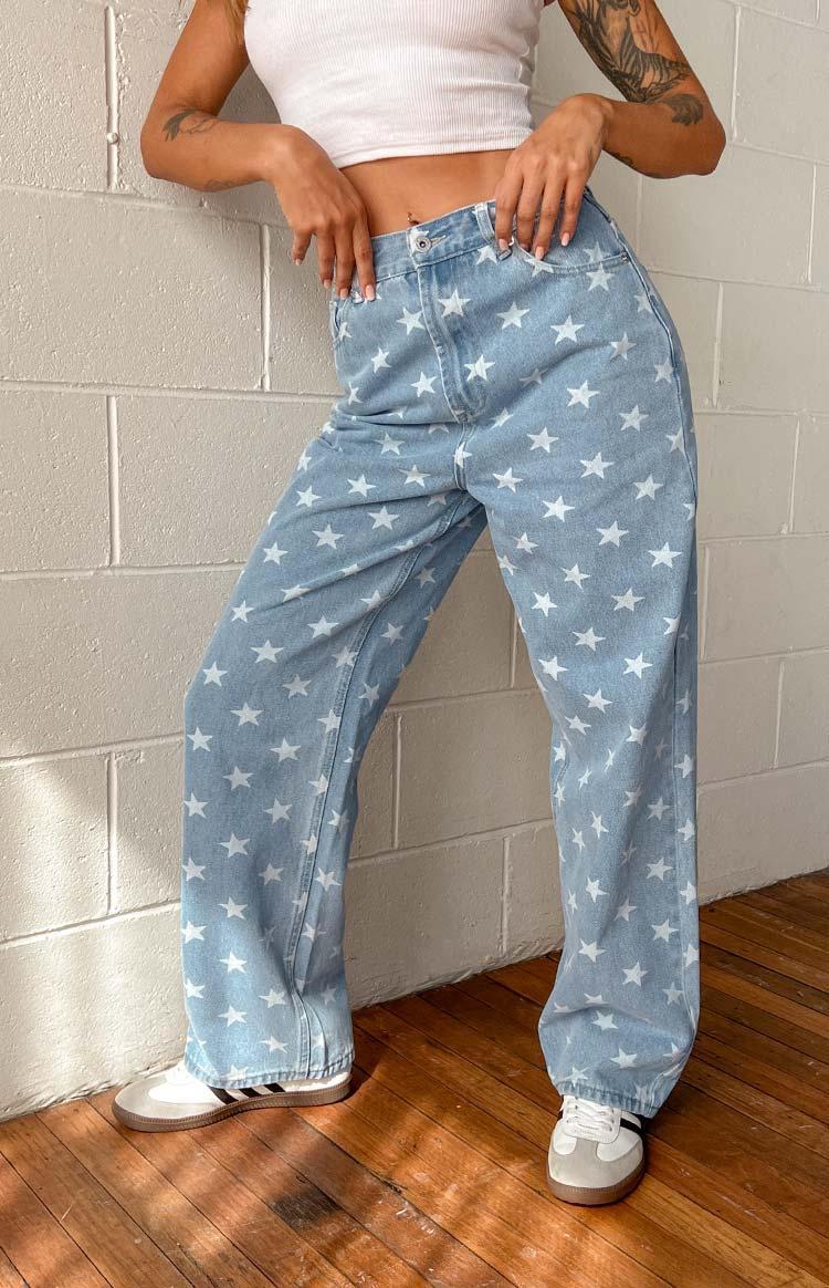 Eli Star Print Mid Wash Wide Leg Denim Jeans Product Image