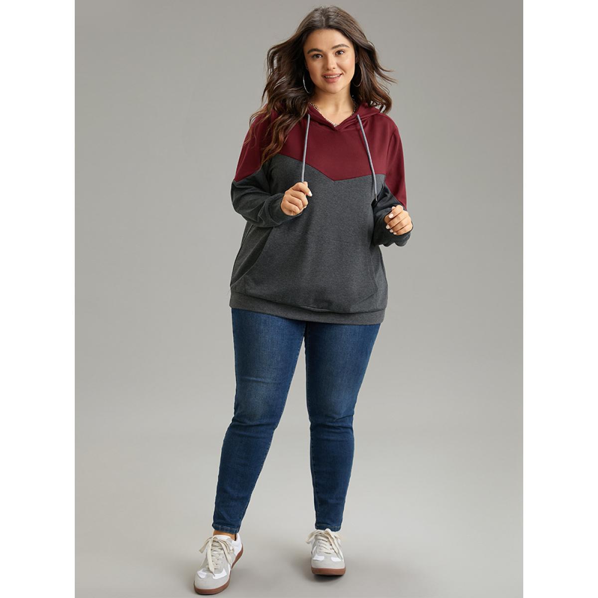 Plus Size Contrast Patchwork Hooded Pocket Drawstring Sweatshirt Women Burgundy Casual Contrast Hooded Dailywear Sweatshirts BloomChic 10/M Product Image