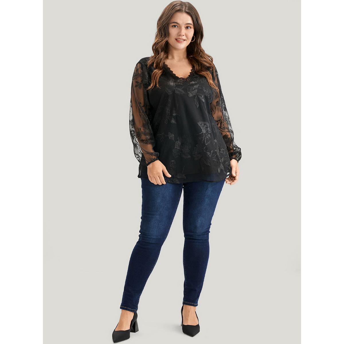 Plus Size Black Floral Lace Mesh Lantern Sleeve Blouse Women Glamour Long Sleeve V-neck Going out Blouses BloomChic 28/5X Product Image