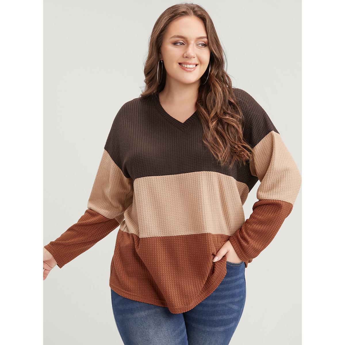 Plus Size Colorblock Contrast V Neck Waffle Knit Long Tee Bronze Women Casual Contrast Plain V-neck Dailywear T-shirts BloomChic 26/4X Product Image