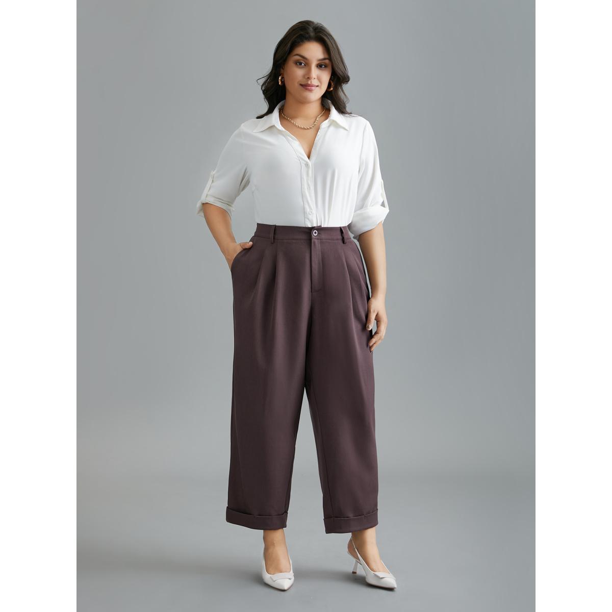 Plus Size Cuffed Hem Pleated Straight Leg Pants Women Mauve At the Office Straight Leg Mid Rise Work Pants BloomChic 14-16/1X Product Image