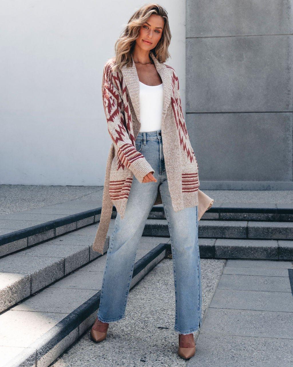 Taupe Aztec Belted Cardigan Female Product Image