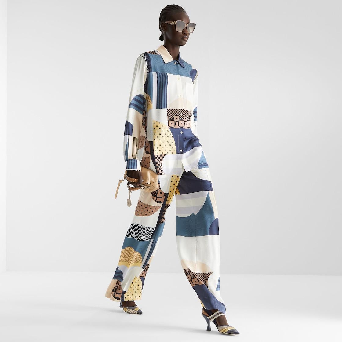 PantsBlue silk pants with patchwork print Product Image