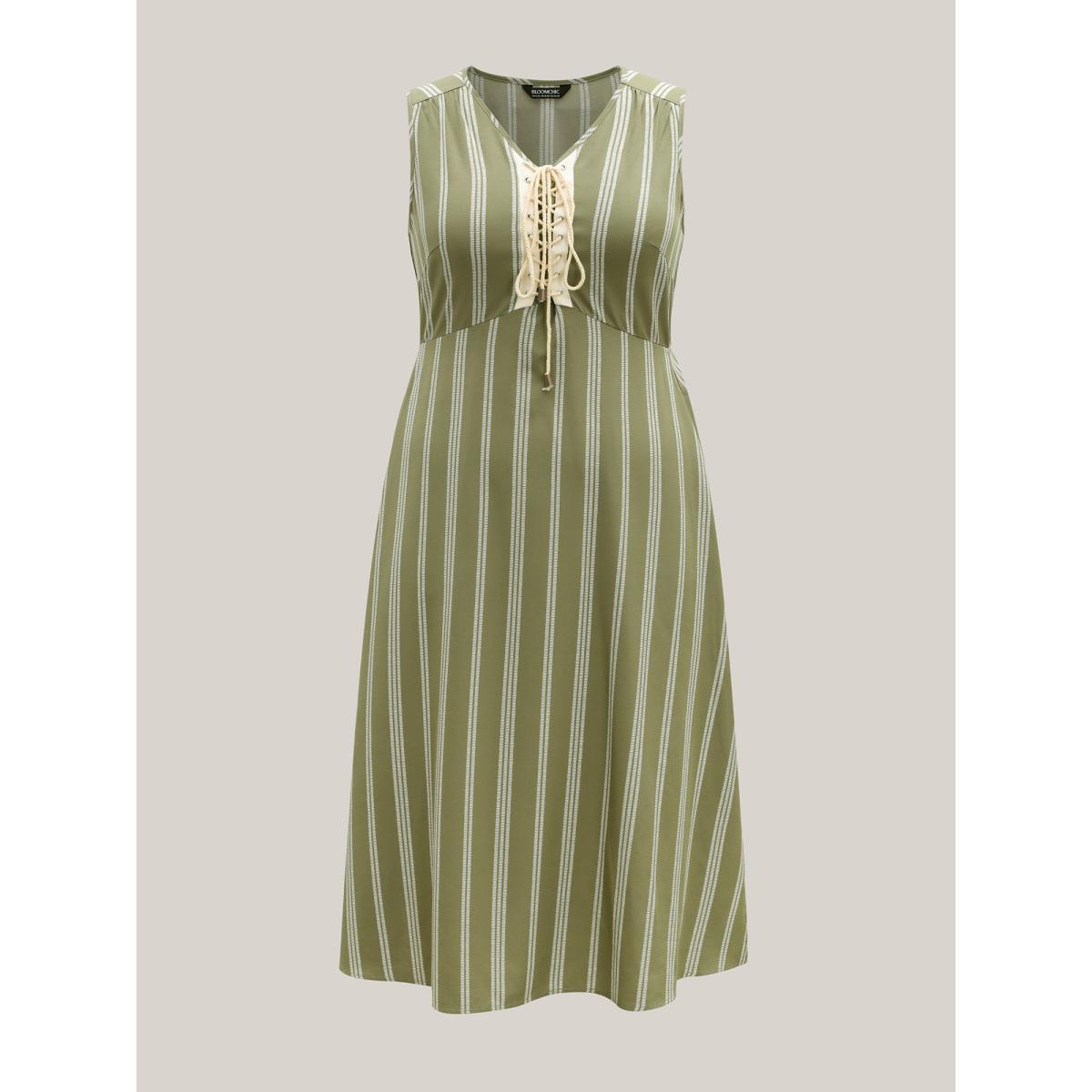Plus Size Solid Stripes Bust Lace-Up Midi Dress Olive Women V-neck Sleeveless Curvy BloomChic 14-16/1X Product Image