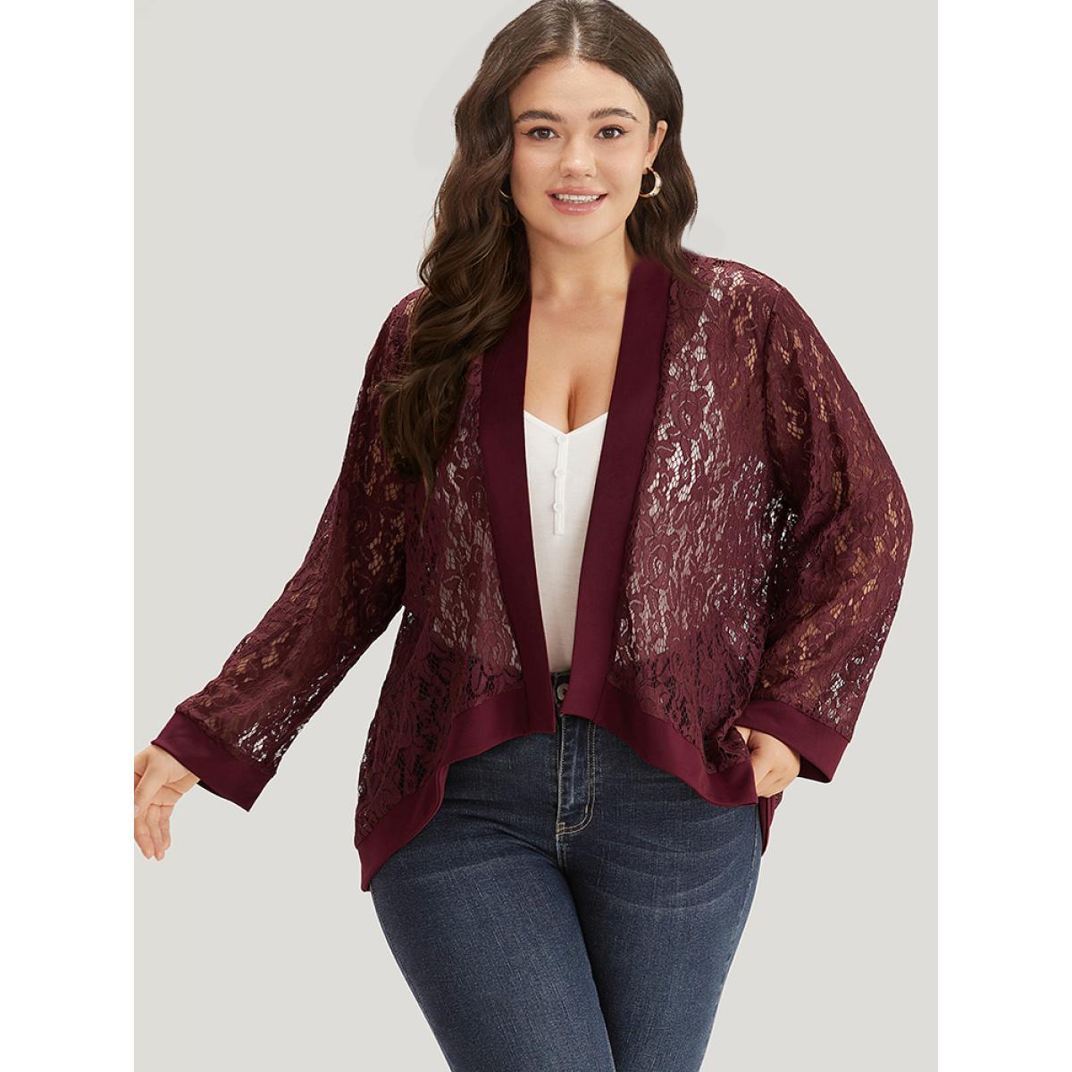 Plus Size Supersoft Essentials Crochet Lace Mesh Open Front Asymmetrical Hem Kimono Women Scarlet Casual Patchwork Loose Dailywear Kimonos BloomChic 12/L Product Image