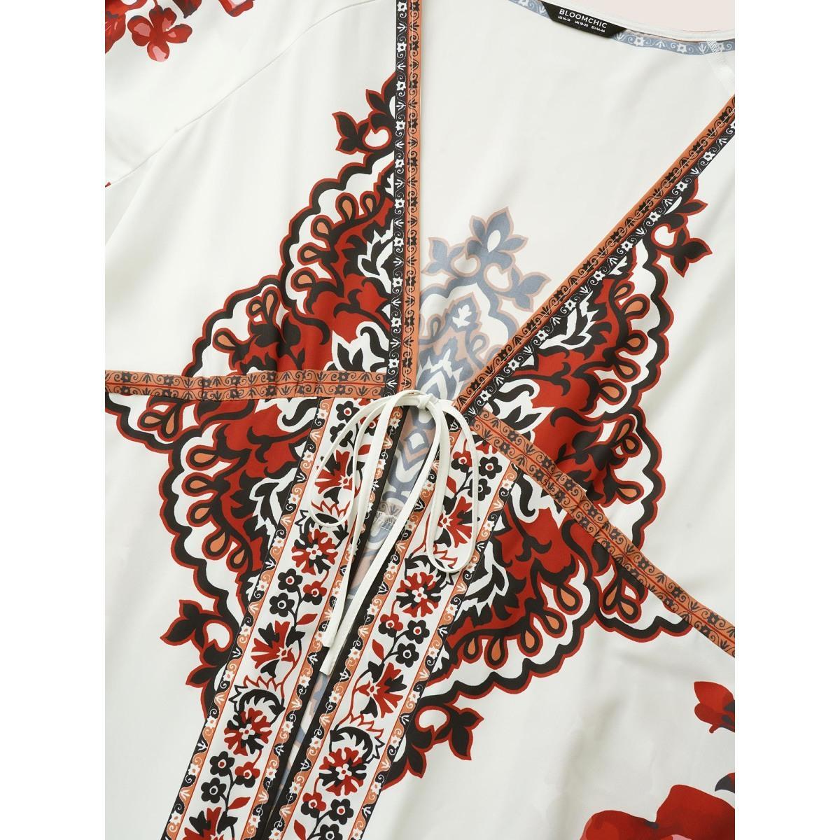 Plus Size Boho Print Ties Raglan Sleeve Flutter Hem Kimono Women White Resort Cross straps Vacation Kimonos BloomChic 12/L Product Image