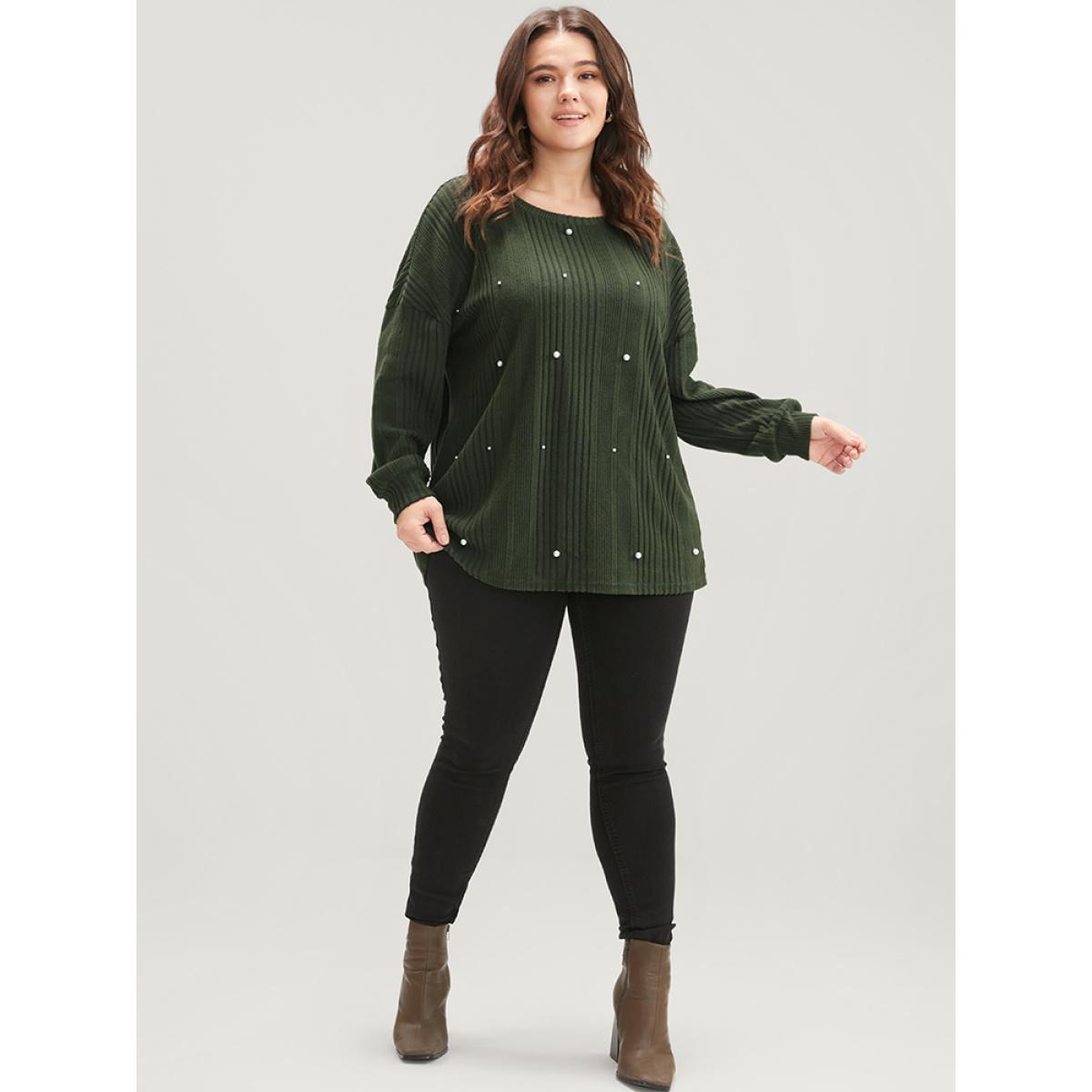 Plus Size Solid Round Neck Pearls Beaded Rib Knit Sweatshirt Women DarkGreen Casual Beaded Round Neck Dailywear Sweatshirts BloomChic 18-20/2X Product Image
