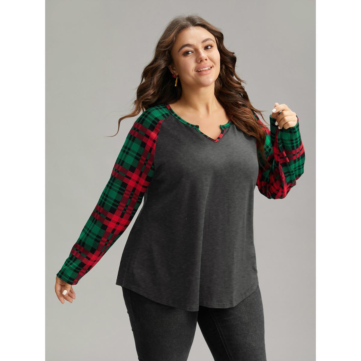 Plus Size Plaid Contrast Notched Raglan Sleeve T-shirt Gray Women Casual Contrast Plaid Notched collar Festival-Christmas T-shirts BloomChic 10/M Product Image