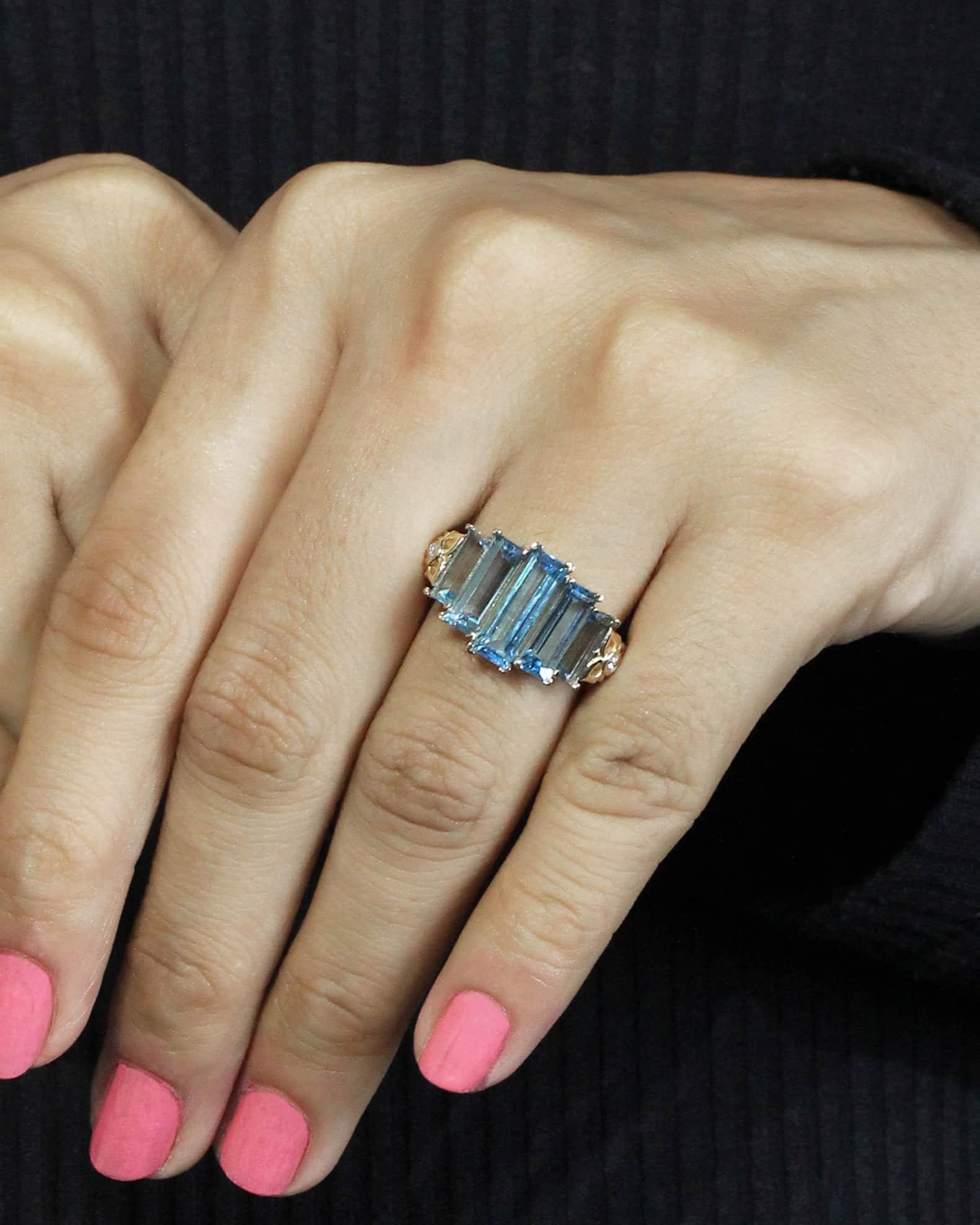 18K Yellow Gold Baguette Swiss Blue Topaz Statement Ring with Diamonds Product Image