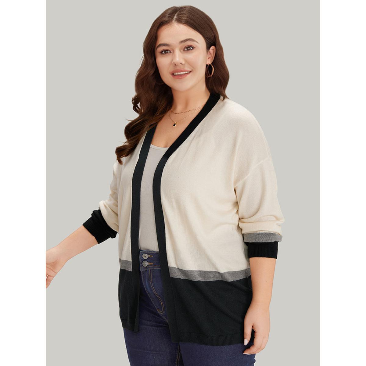 Plus Size Supersoft Essentials Colorblock Contrast Elastic Cuffs Cardigan Apricot Women Casual Loose Long Sleeve Work Cardigans BloomChic 10/M Product Image