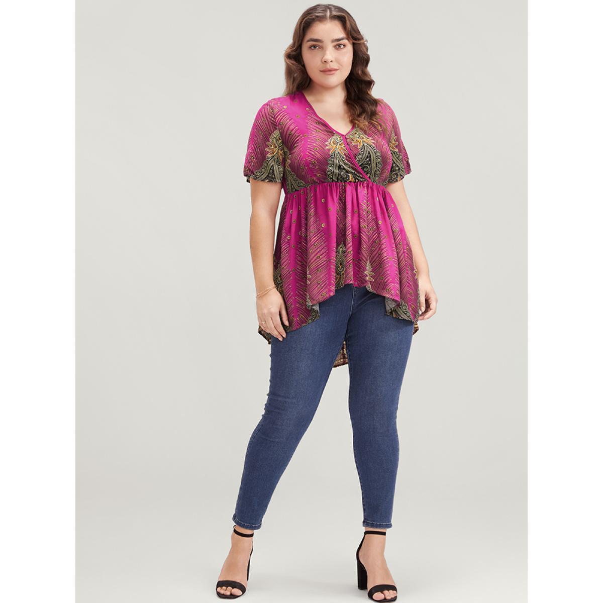 Plus Size RedViolet Bandana High Low Hem Flutter Wrap Blouse Women Vacation Short sleeve V-neck Dailywear Blouses BloomChic 26/4X Product Image