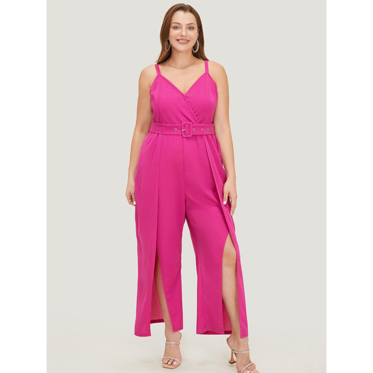 Plus Size Magenta Plain Pocket Wrap Buckle Belt Jumpsuit Women Glamour Sleeveless Spaghetti Strap Going out Loose Jumpsuits BloomChic 14-16/1X Product Image