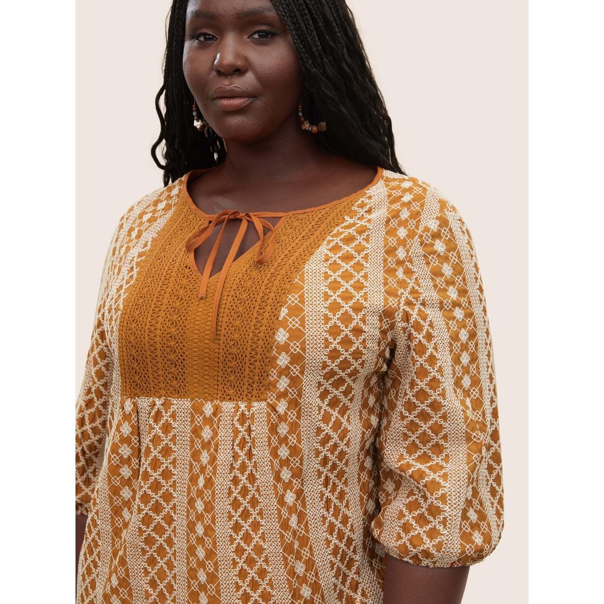 Plus Size OrangeRed Boho Print Embroidered Eyelet Lace Knot Neck Blouse Women Resort Elbow-length sleeve Flat collar with V-notch Vacation Blouses BloomChic 22-24/3X Product Image