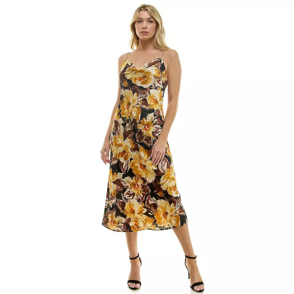 Women's Luxology Novelty Chain Strap Satin Midi Dress, Size: Medium, Gold Olive Ivory Product Image