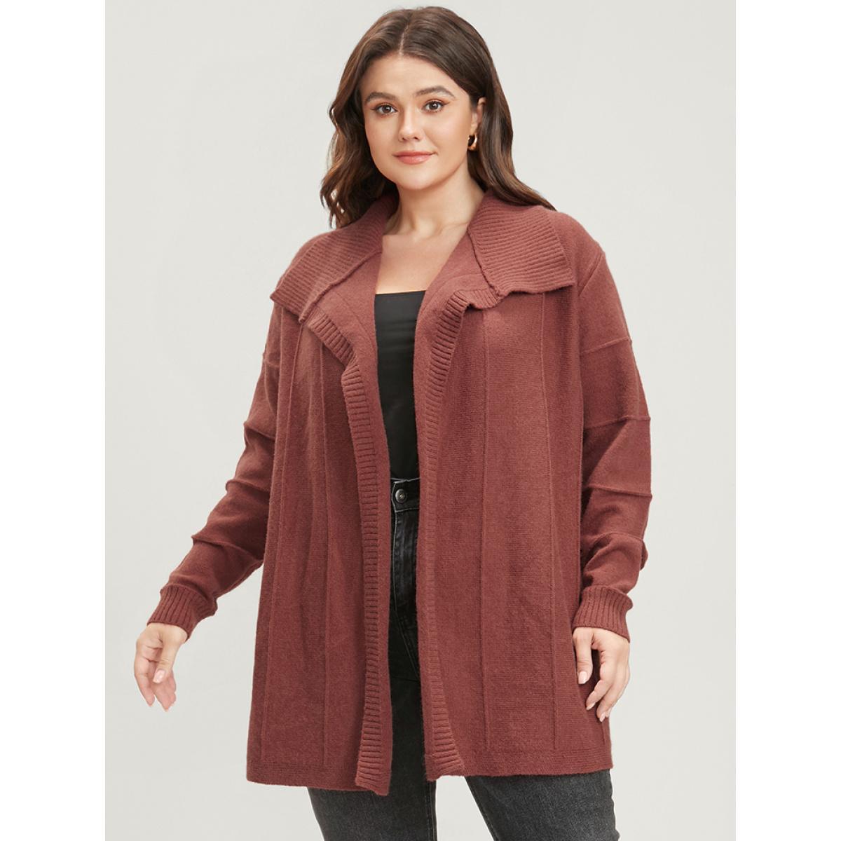 Plus Size Solid Soft Sexy Yarn Knit Lapel Collar Open Front Cardigan Maroon Women Casual Loose Long Sleeve Dailywear Cardigans BloomChic 12/L Product Image