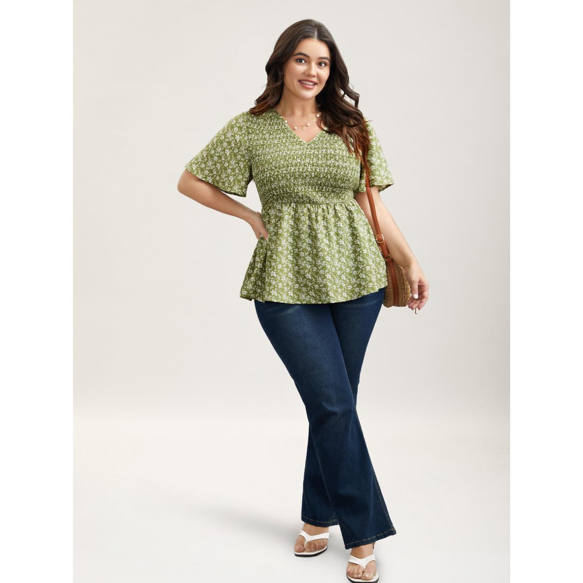 Plus Size Sage Floral Print Shirred Front Peplum Shirt Women Elegant Short sleeve V-neck Everyday Blouses BloomChic 10/M Product Image