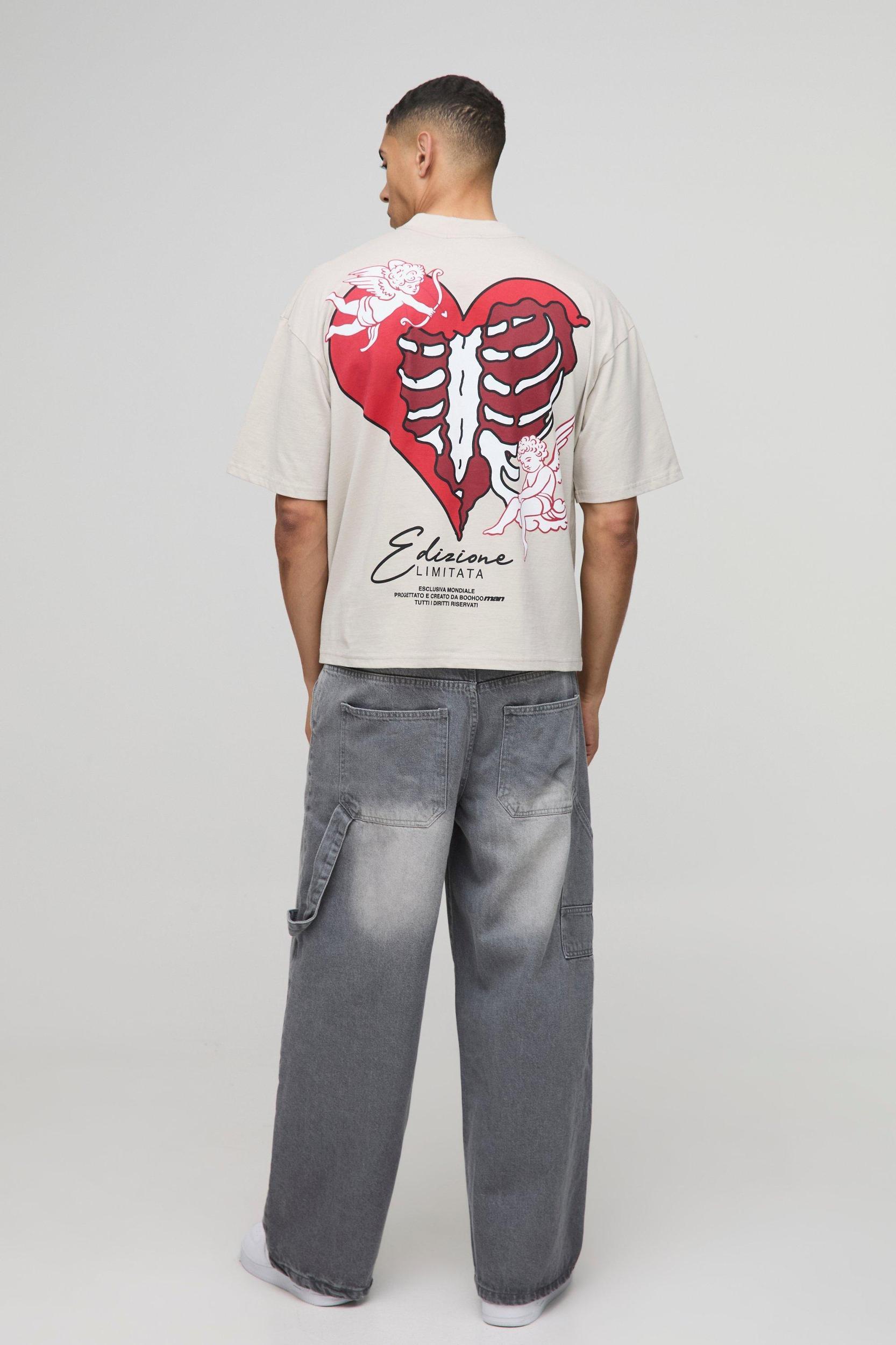 Oversized Boxy Extended Neck MAN Skeleton Heart Print T-Shirt | boohooMAN USA Product Image