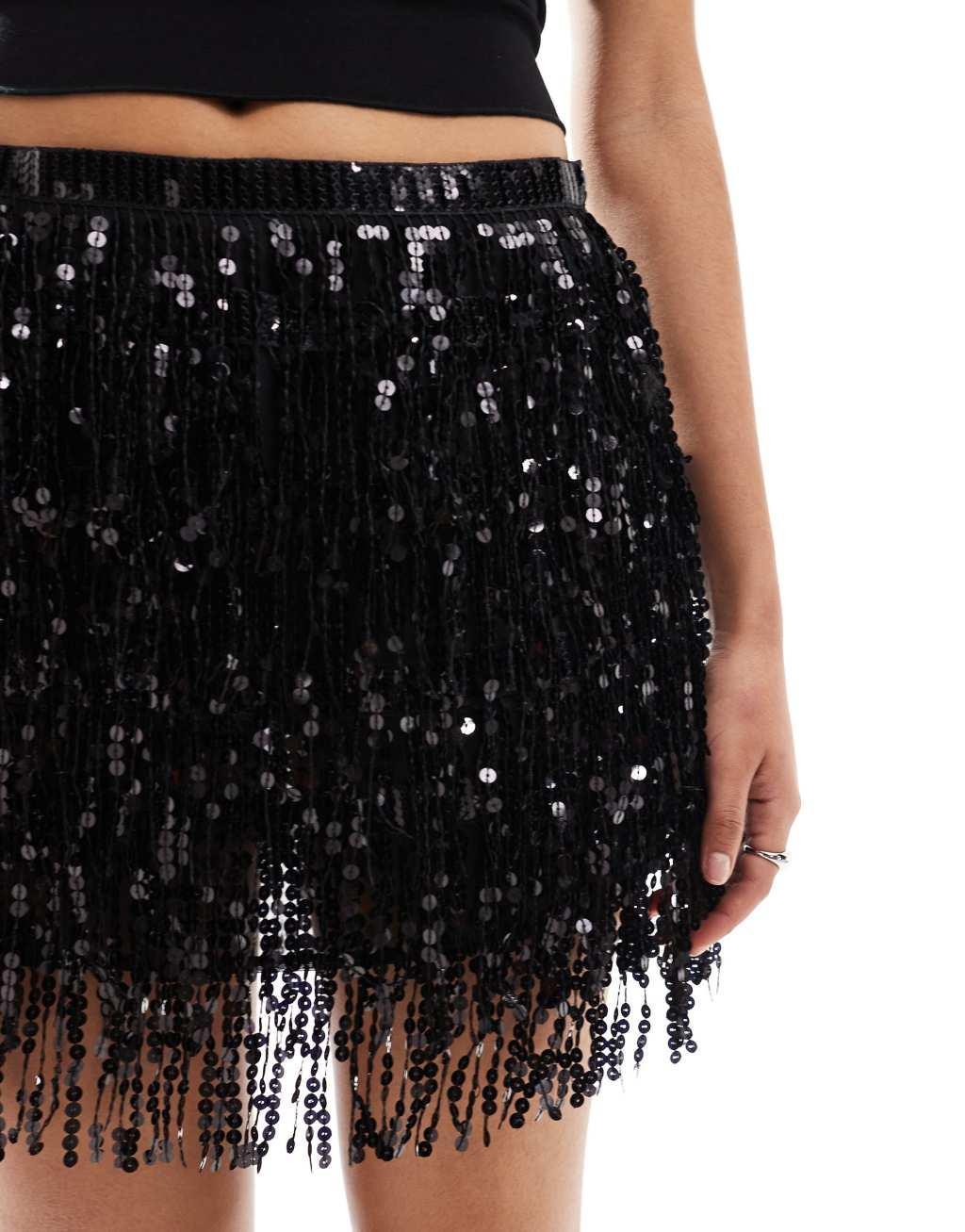 Pull&Bear sequin tassel mini skirt in black Product Image