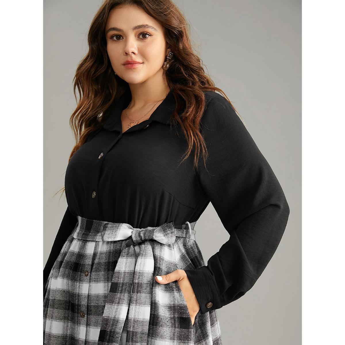 Plus Size Plaid Patchwork Button Through Belted Dress Black Women Office Belted Shirt collar Long Sleeve Curvy Midi Dress BloomChic 18-20/2X Product Image