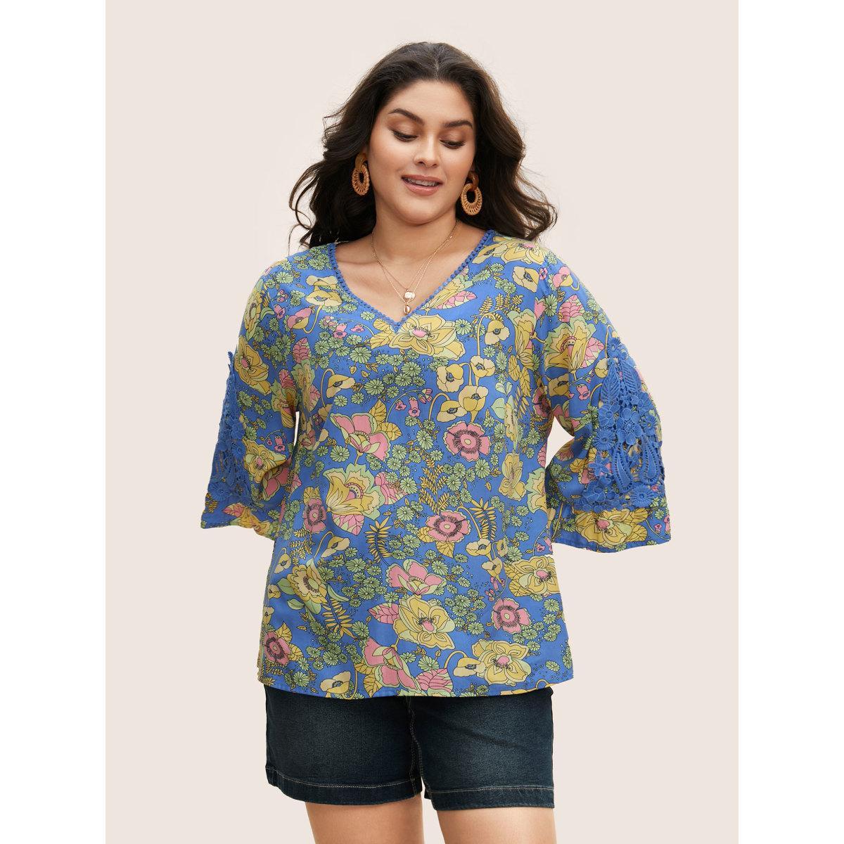 Plus Size Bluepurple Boho Print Guipure Lace Ruffles Blouse Women Resort Elbow-length sleeve V-neck Vacation Blouses BloomChic 10/M Product Image