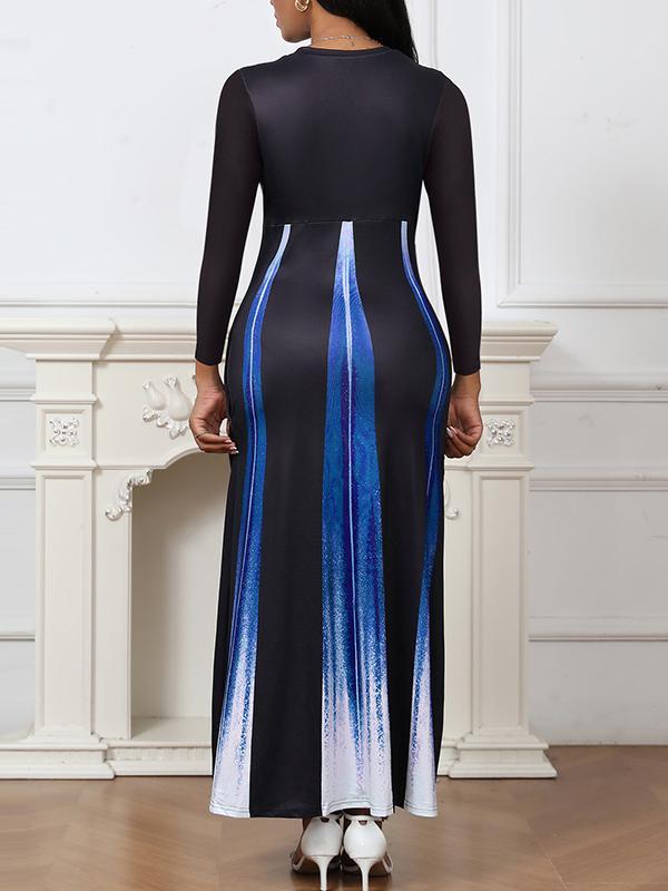 A-Line High Waisted Gradient Pockets Printed Split-Joint Round-Neck Maxi Dresses Product Image