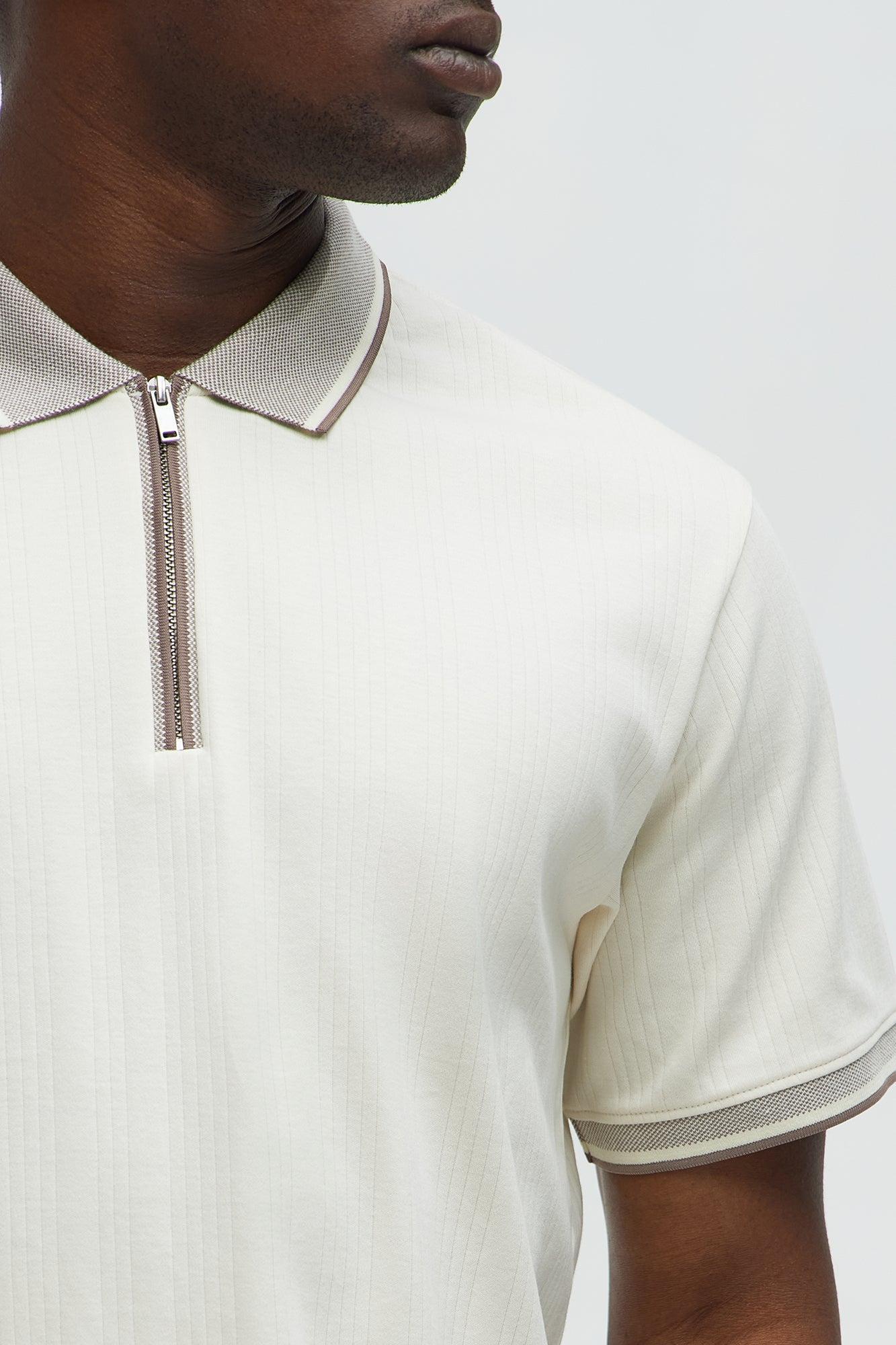 Two Tone Striped Zip Collar Polo - Cream Product Image