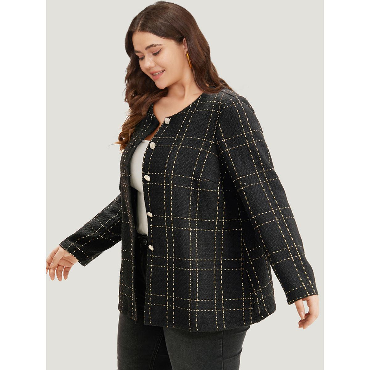 Plus Size Plaid Pattern Button Up Crew Neck Coat Women Black Casual Texture Ladies Dailywear Winter Coats BloomChic 22-24/3X Product Image