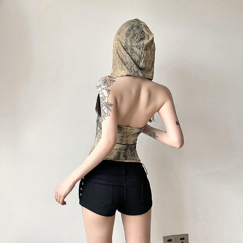 Sleeveless Square-Neck Distressed Slim-Fit Hooded Top Product Image