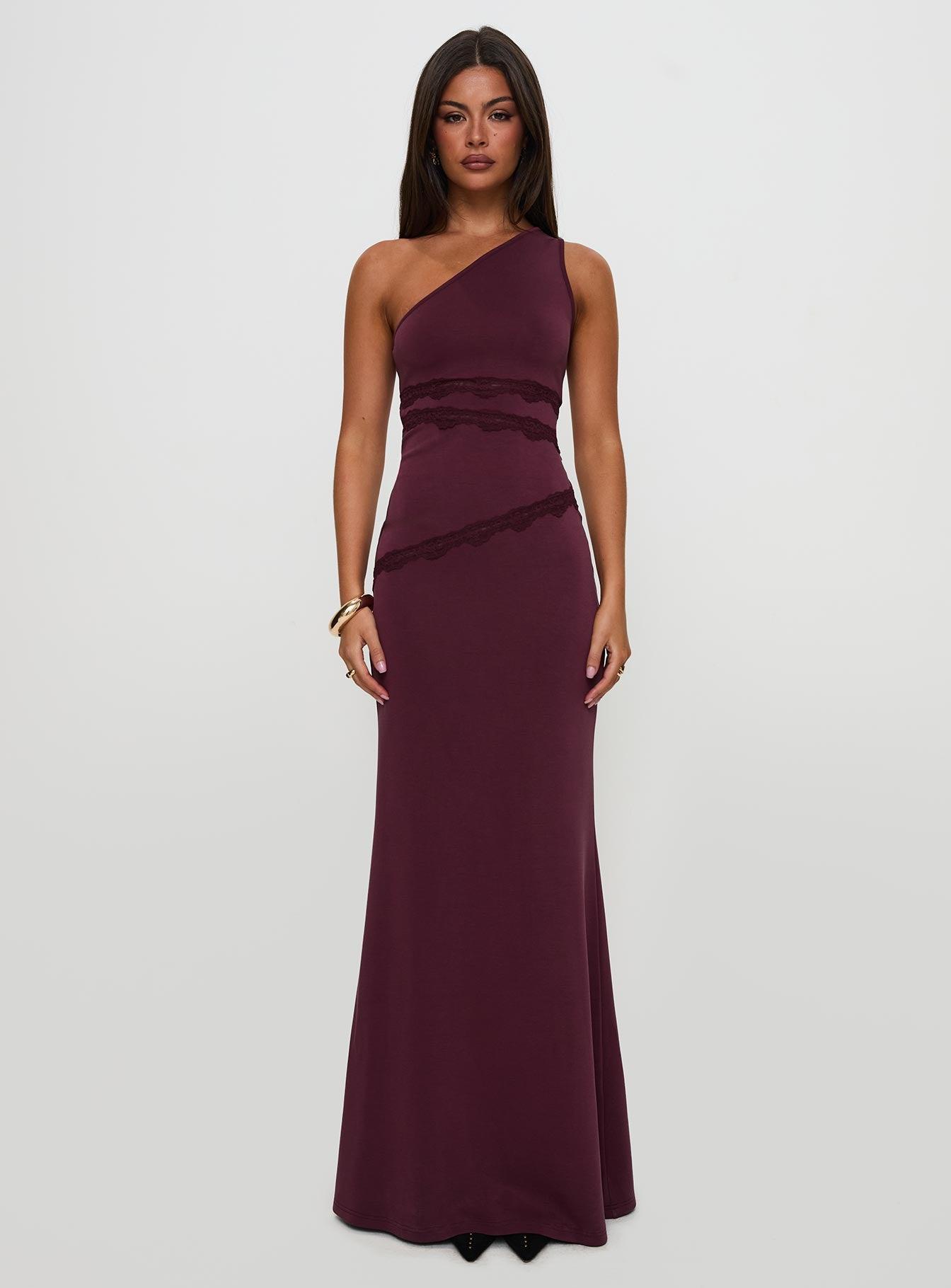 Ultraviolet One Shoulder Lace Maxi Dress Wine Product Image
