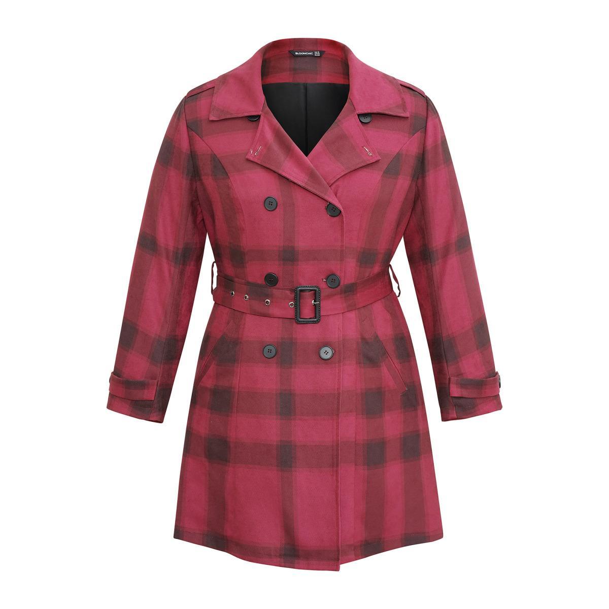 Plus Size Lapel Collar Plaid Belted Double Breasted Coat Women Scarlet Elegant Lined Ladies Dailywear Winter Coats BloomChic 26/4X Product Image