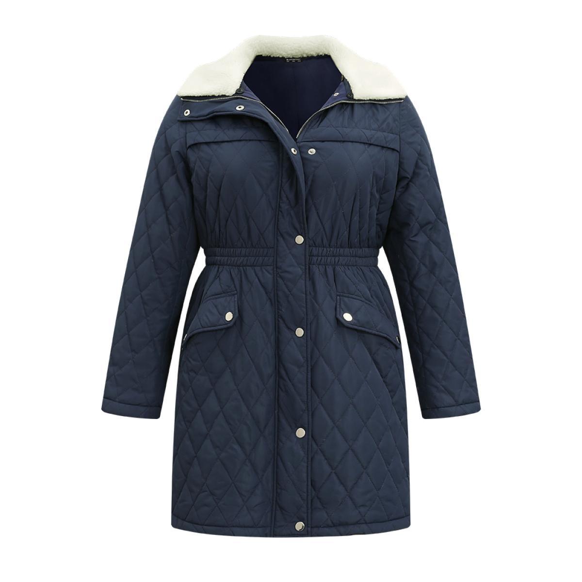 Plus Size Patchwork Padded Fuzzy Trim Zipper Quilted Coat Women Indigo Casual Lined Ladies Everyday Winter Coats BloomChic 26/4X Product Image