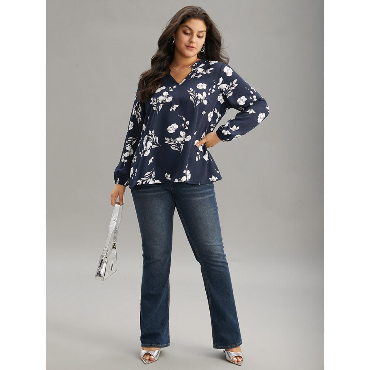 Plus Size Indigo Silhouette Floral Print Ruffles Lantern Sleeve Blouse Women Elegant Long Sleeve V-neck Vacation Blouses BloomChic 12/L Product Image