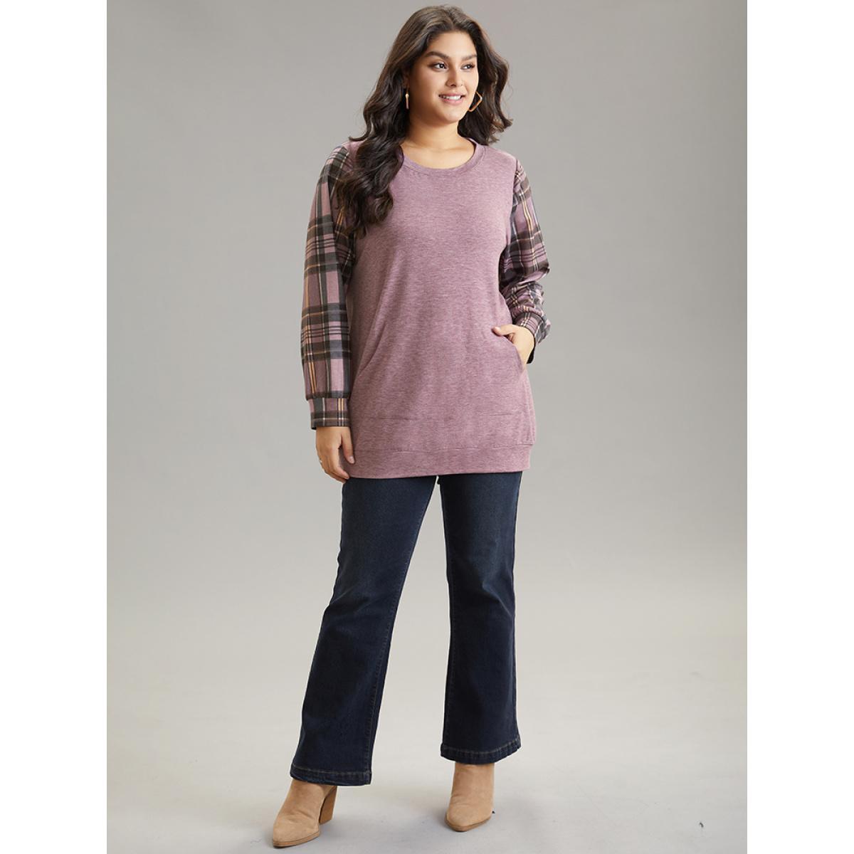 Plus Size Plaid Print Patchwork Kangaroo Pocket Sweatshirt Women Purple Casual Patchwork Round Neck Dailywear Sweatshirts BloomChic 10/M Product Image