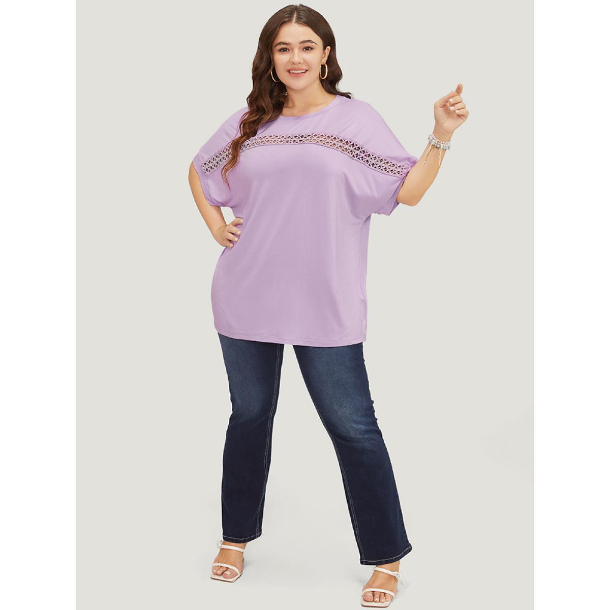 Plus Size Solid Batwing Sleeve Eyelet Lace T-shirt Lilac Women Elegant Lace Plain Round Neck Dailywear T-shirts BloomChic 14-16/1X Product Image