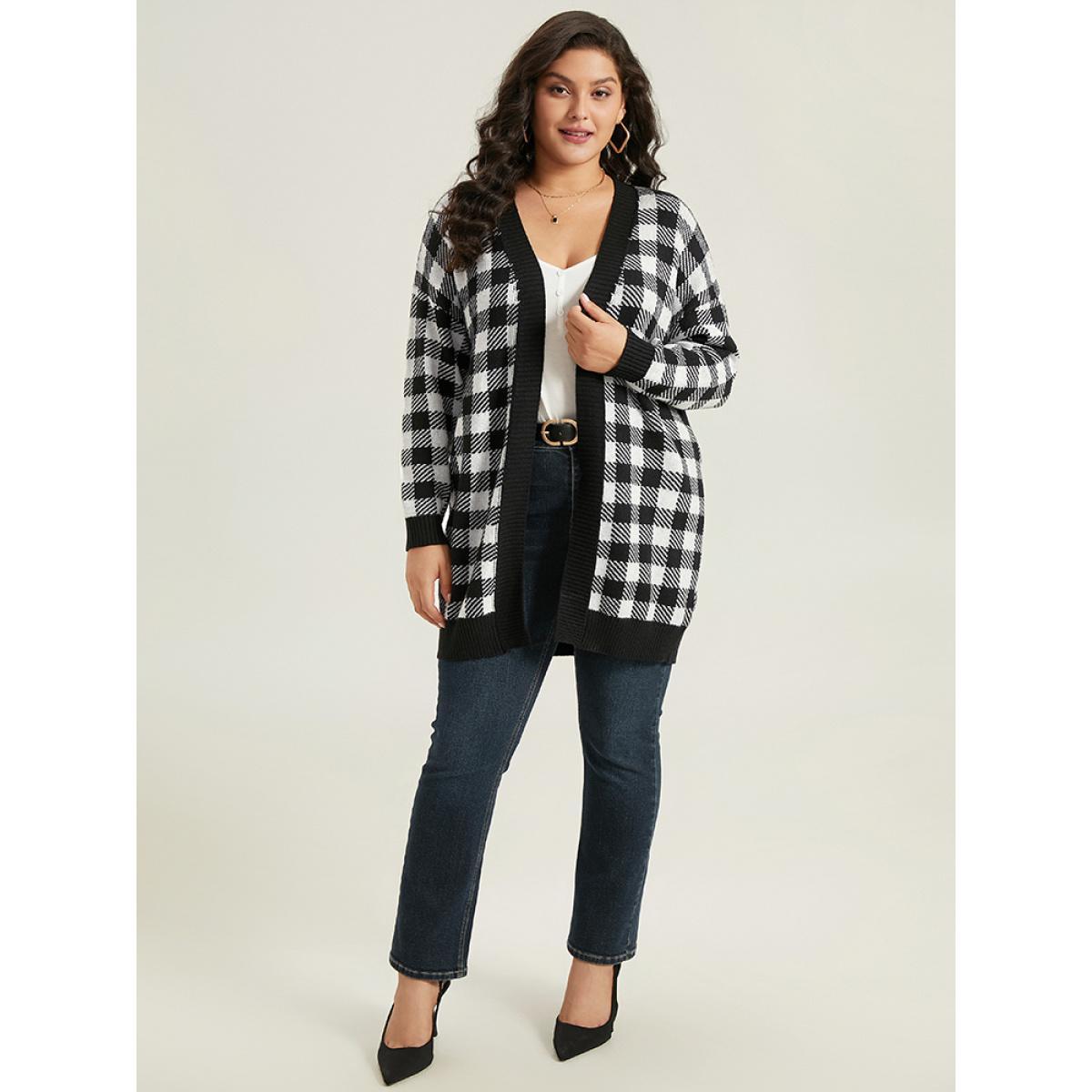 Plus Size Supersoft Essentials Plaid Elastic Cuffs Cardigan Black Women Casual Loose Long Sleeve Dailywear Cardigans BloomChic 30/6X Product Image