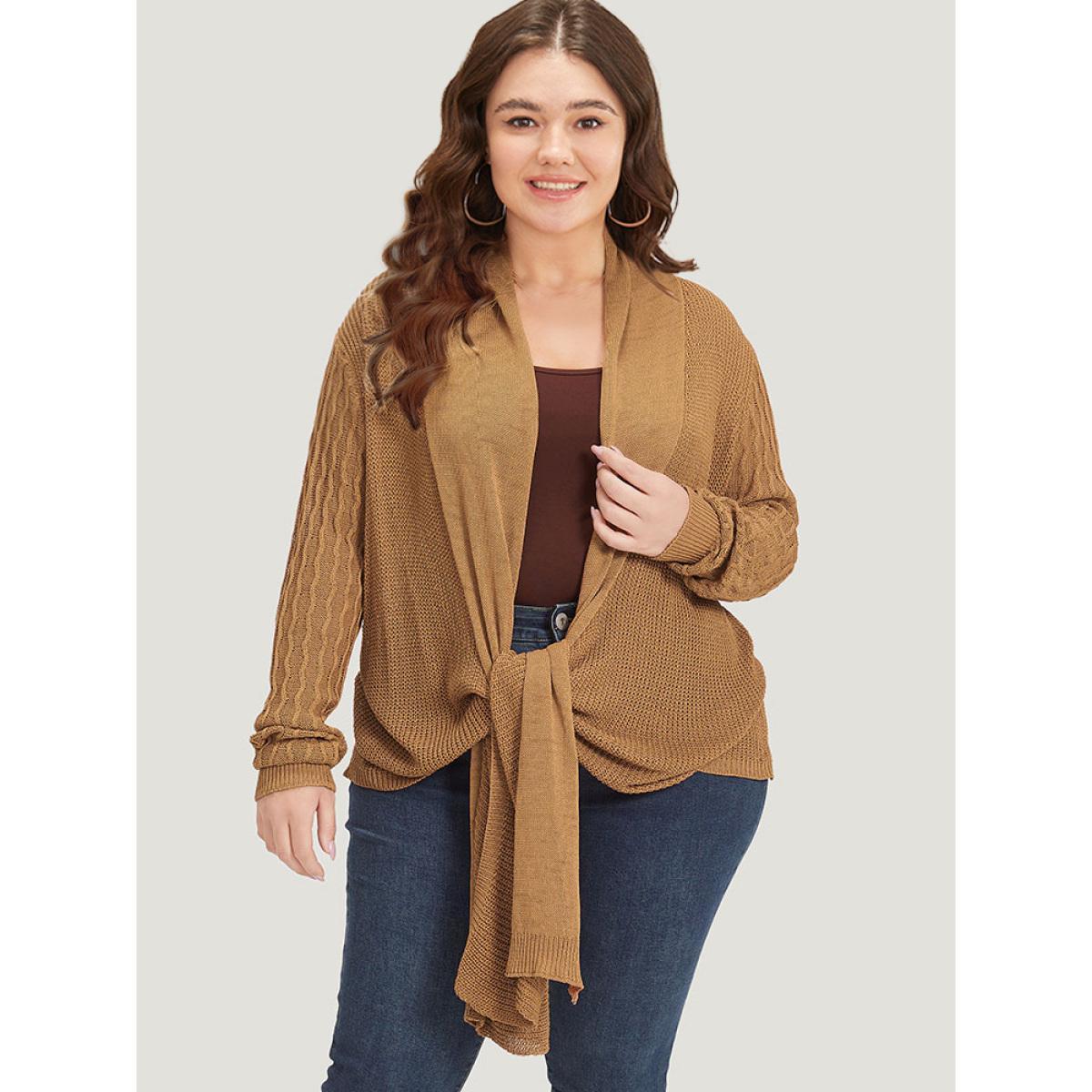 Plus Size Solid Lapel Collar Patchwork Asymmetrical Hem Cardigan Bronze Women Casual Loose Long Sleeve Everyday Cardigans BloomChic 22-24/3X Product Image