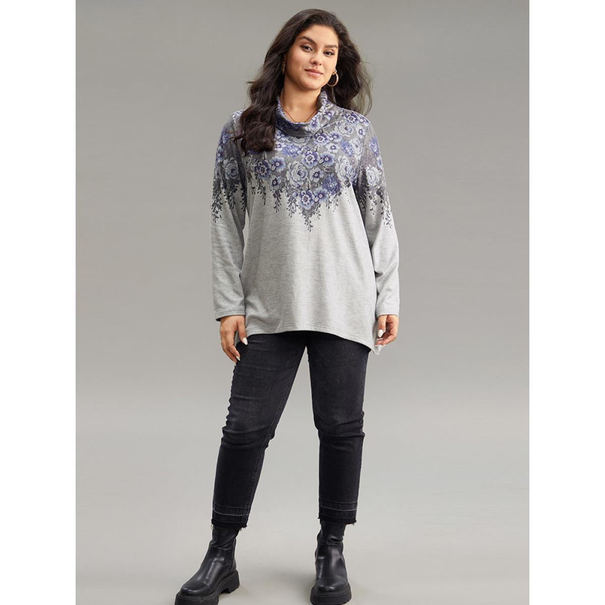 Plus Size Boho Print Mock Neck T-shirt Gray Women Casual Plain Floral Mock Neck Dailywear T-shirts BloomChic 14-16/1X Product Image