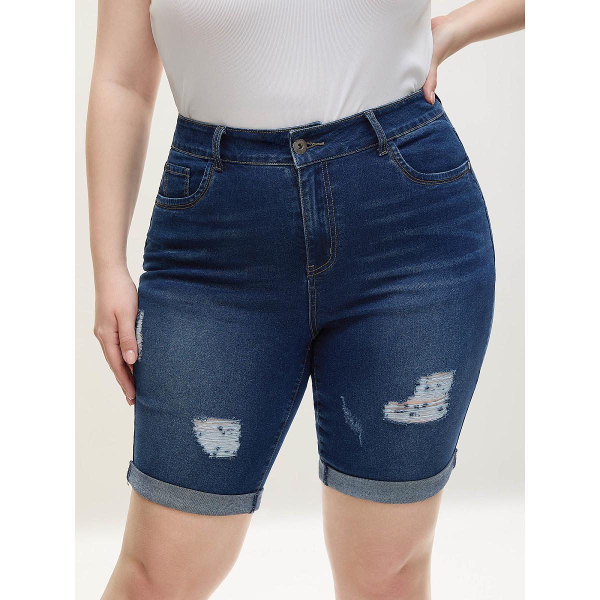 Plus Size Ripped Straight-Leg Denim Shorts Women Denimindigo High stretch Work Slanted pocket Workwear Essentials Denim Shorts BloomChic 28/5X Product Image