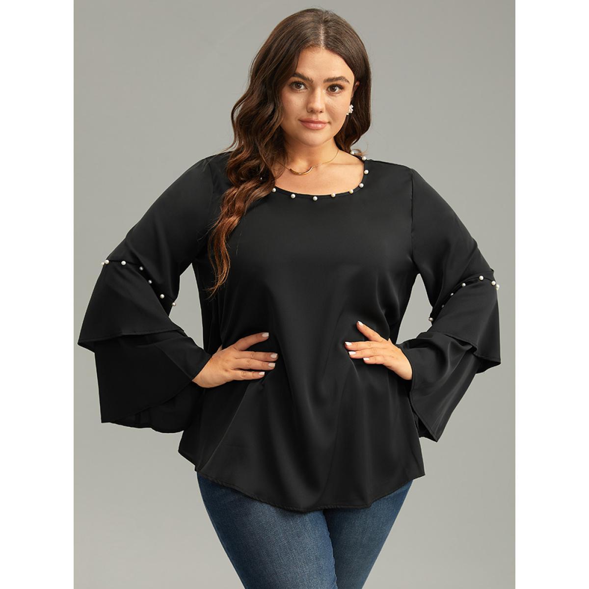 Plus Size Black Anti-Wrinkle Pearl Beaded Ruffle Layered Sleeve Blouse Women Glamour Long Sleeve Round Neck Going out Blouses BloomChic 26/4X Product Image