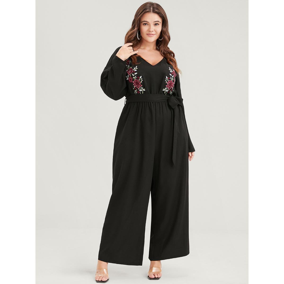 Plus Size Black Solid Embroidered Pocket Belted Jumpsuit Women Elegant Long Sleeve V-neck Dailywear Loose Jumpsuits BloomChic 28/5X Product Image