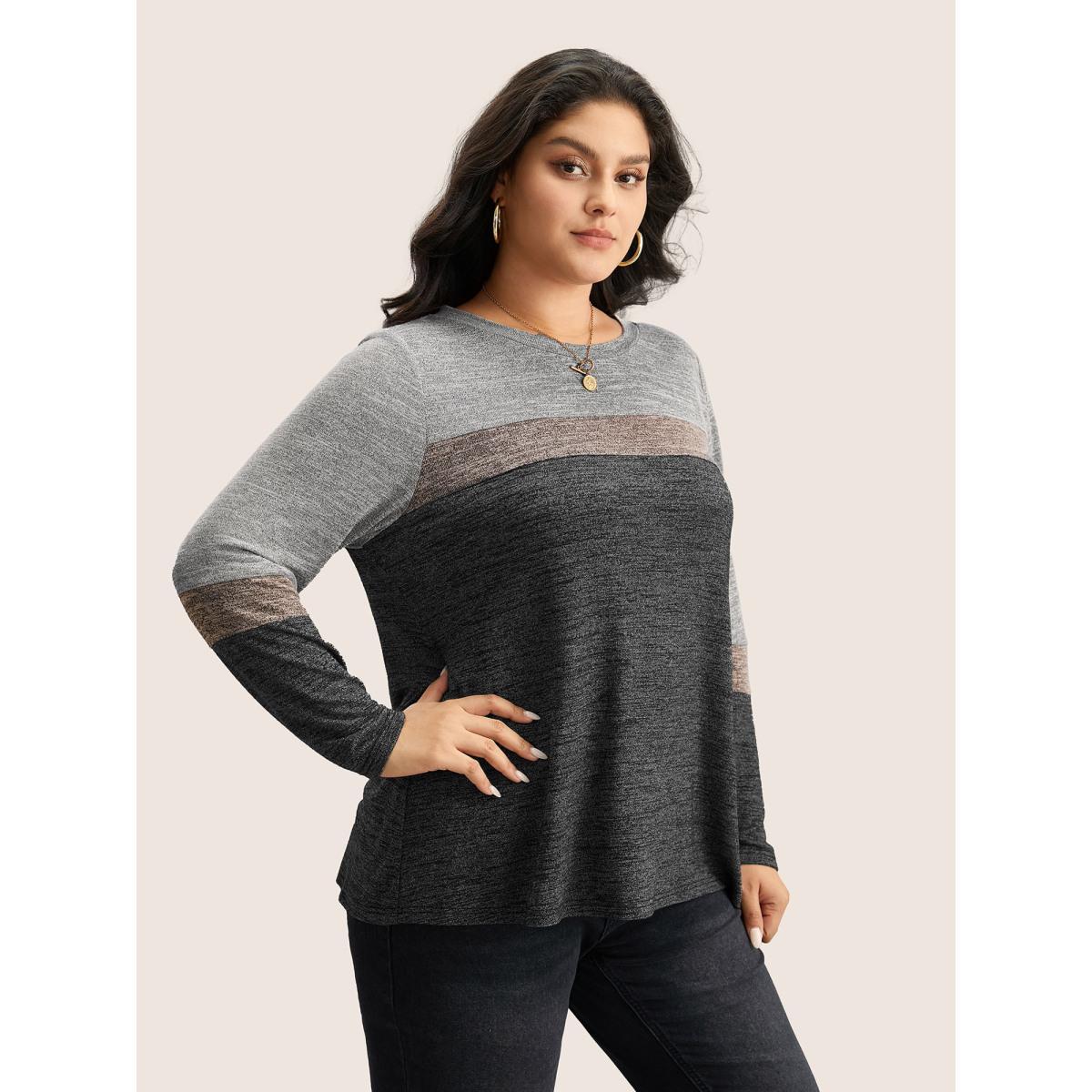Plus Size Heather Colorblock Contrast Crew Neck T-shirt Gray Women Casual Texture Plain Round Neck Everyday T-shirts BloomChic 10/M Product Image
