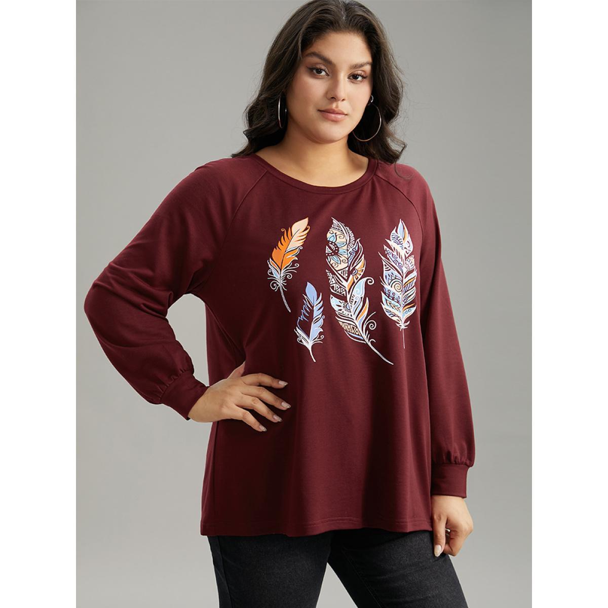 Plus Size Feather Print Crew Neck Raglan Sleeve Sweatshirt Women Scarlet Casual Printed Dailywear Sweatshirts BloomChic 26/4X Product Image