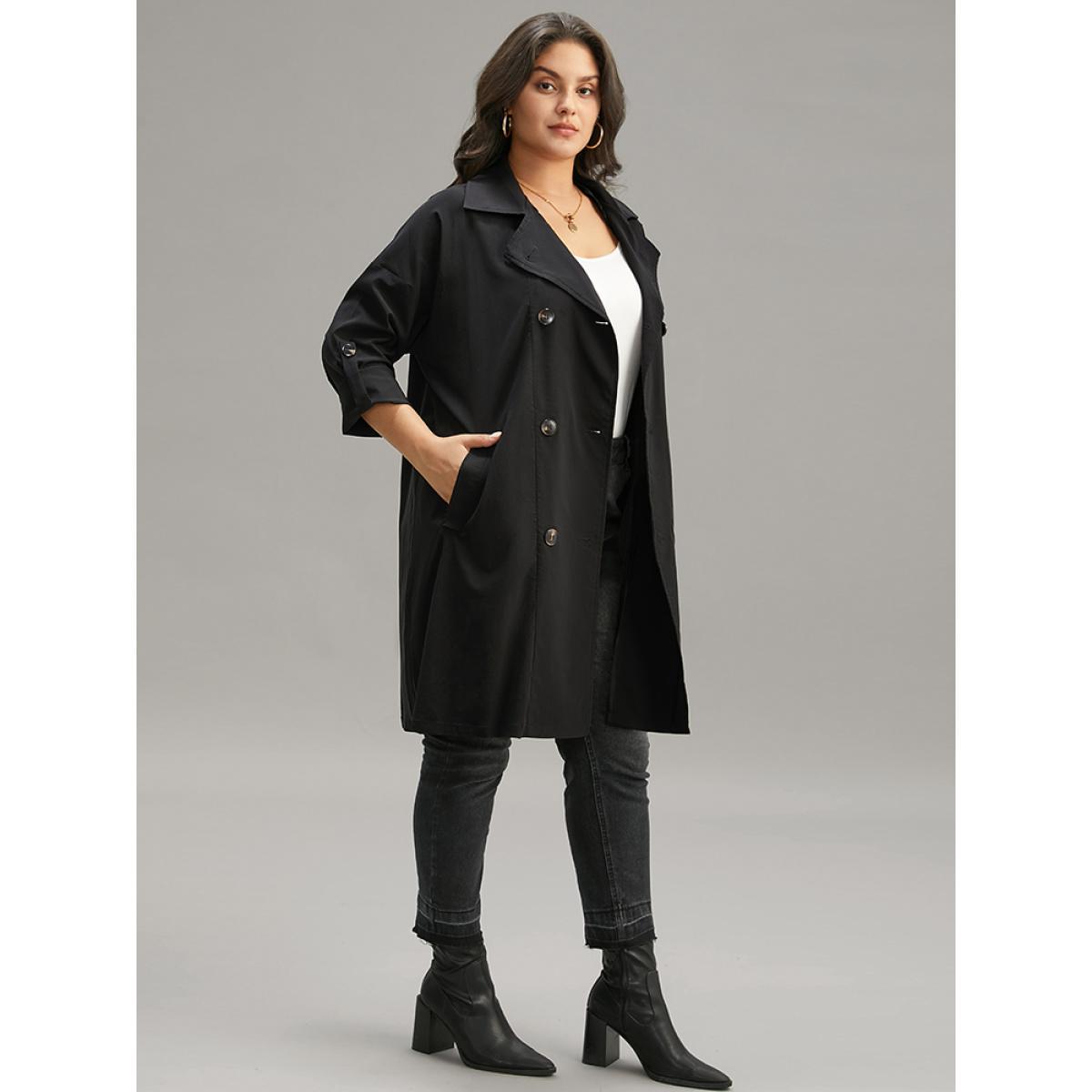 Plus Size Halloween Plain Lapel Collar Button Up Tab Sleeve Coat Women Black Casual Plain Ladies Dailywear Winter Coats BloomChic 18-20/2X Product Image