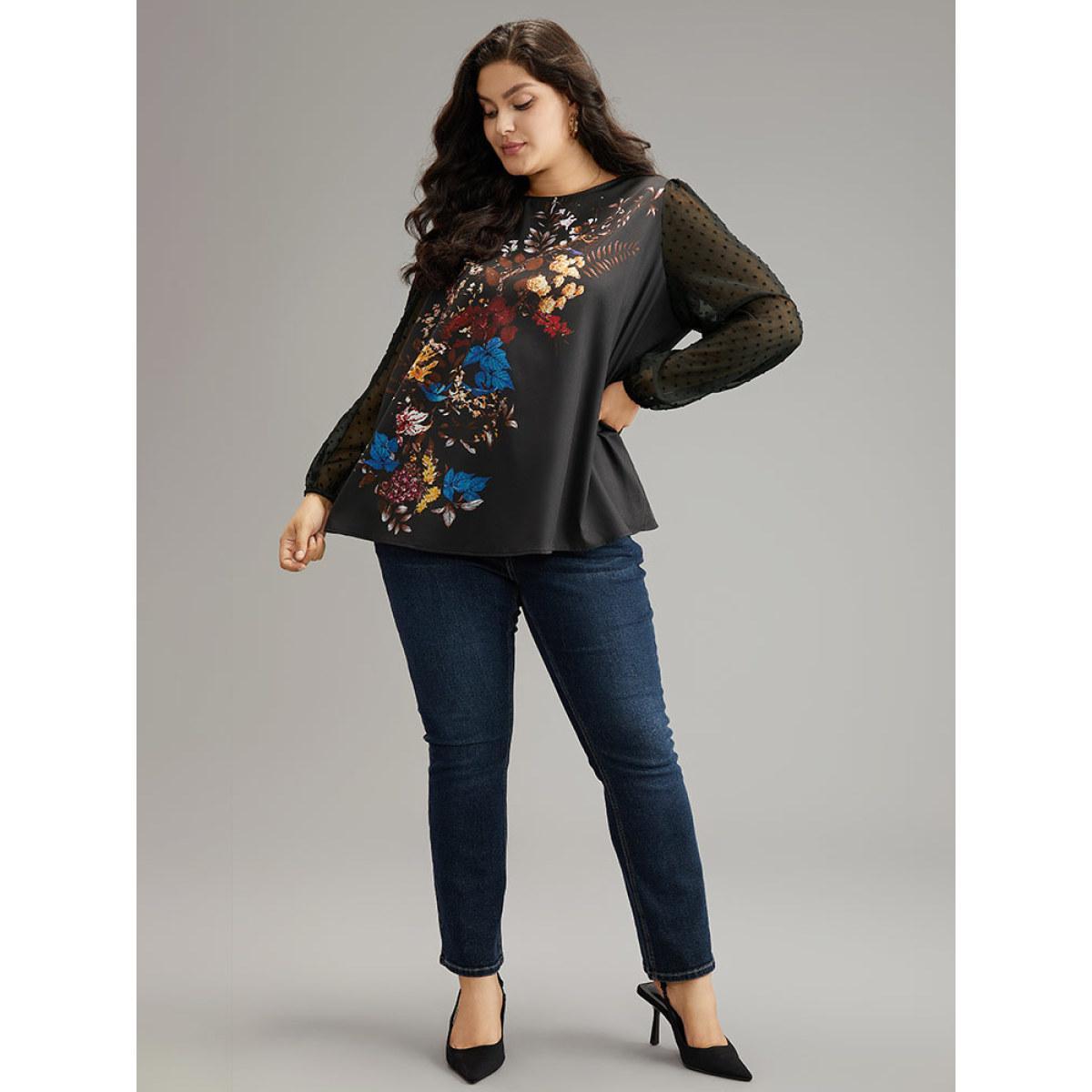 Plus Size Black Boho Print Patchwork Mesh Lantern Sleeve Blouse Women Elegant Long Sleeve Round Neck Dailywear Blouses BloomChic 12/L Product Image