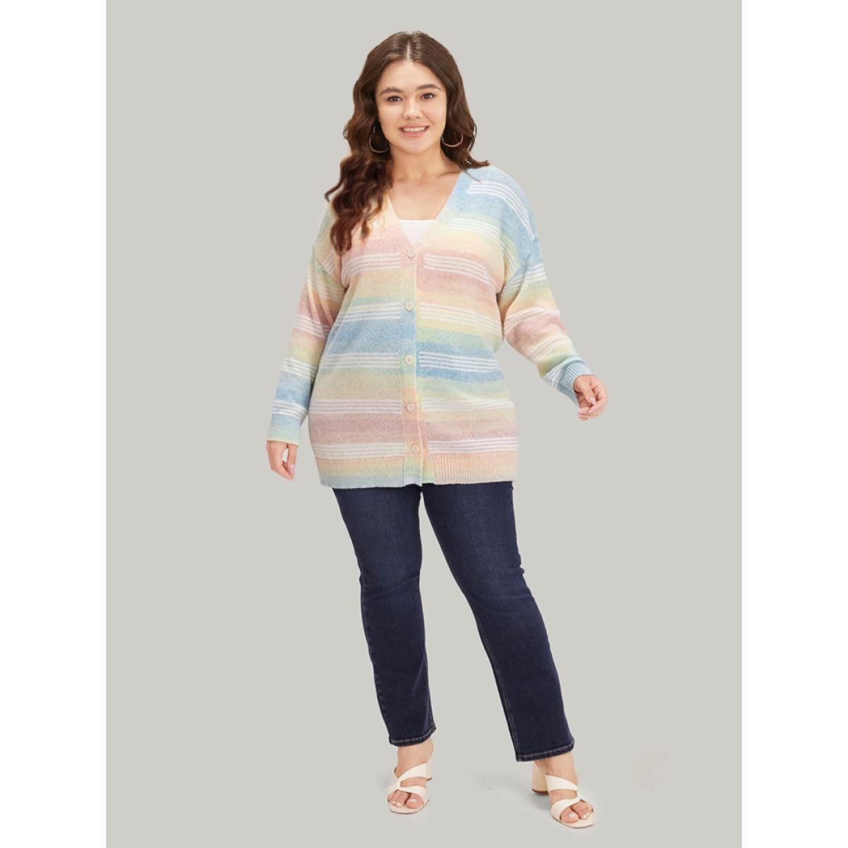Plus Size Rainbow Ombre Elastic Cuffs Button Up Cardigan Multicolor Women Casual Loose Long Sleeve Everyday Cardigans BloomChic 12/L Product Image