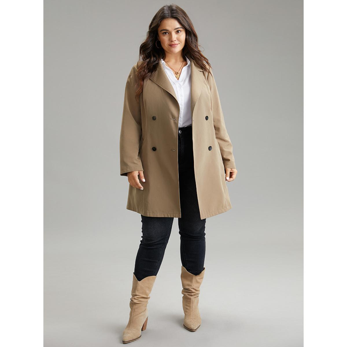 Plus Size Plain Double Breasted Belted Lapel Collar Coat Women LightBrown Casual Plain Ladies Dailywear Winter Coats BloomChic 18-20/2X Product Image
