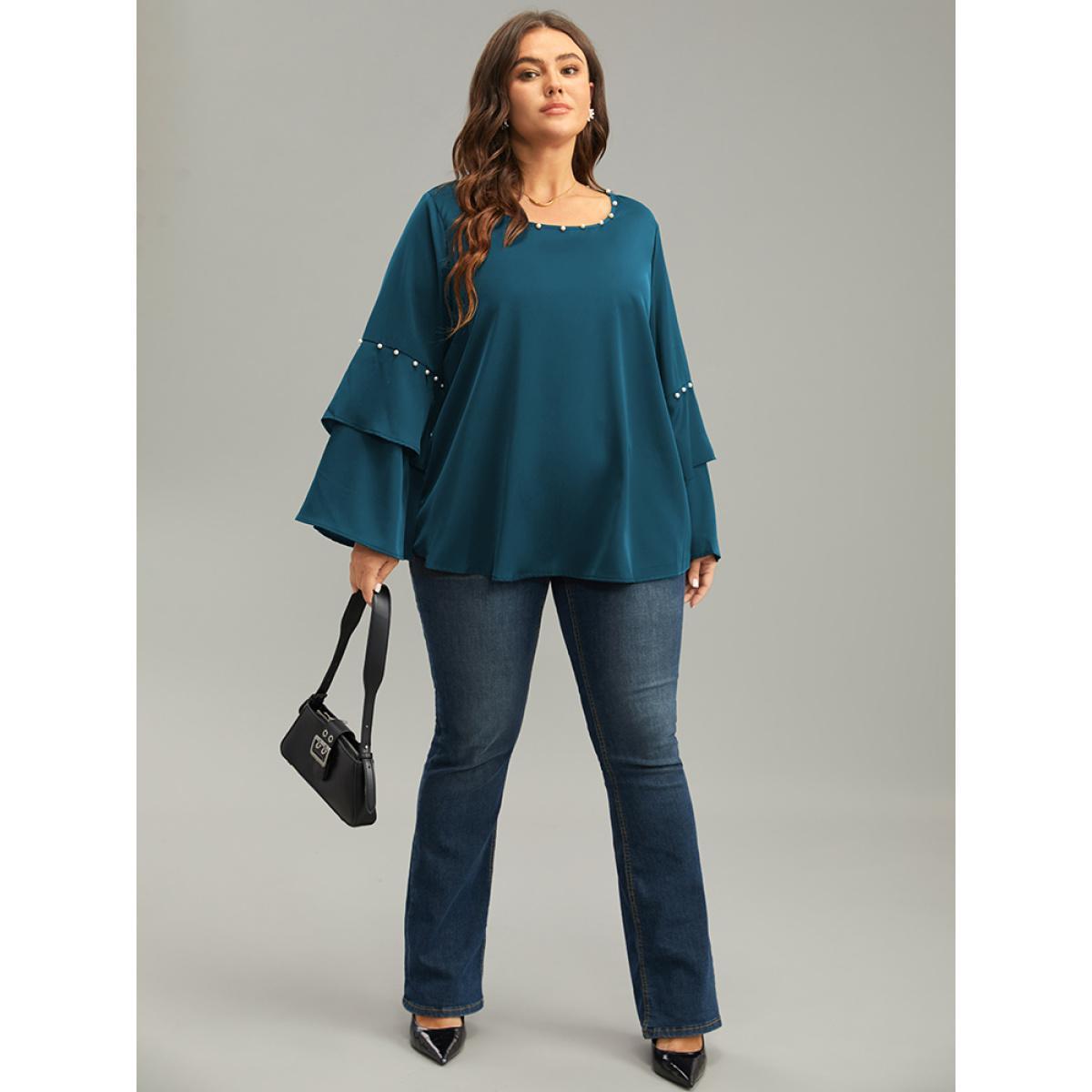 Plus Size Cyan Anti-Wrinkle Pearl Beaded Ruffle Layered Sleeve Blouse Women Glamour Long Sleeve Round Neck Going out Blouses BloomChic 18-20/2X Product Image
