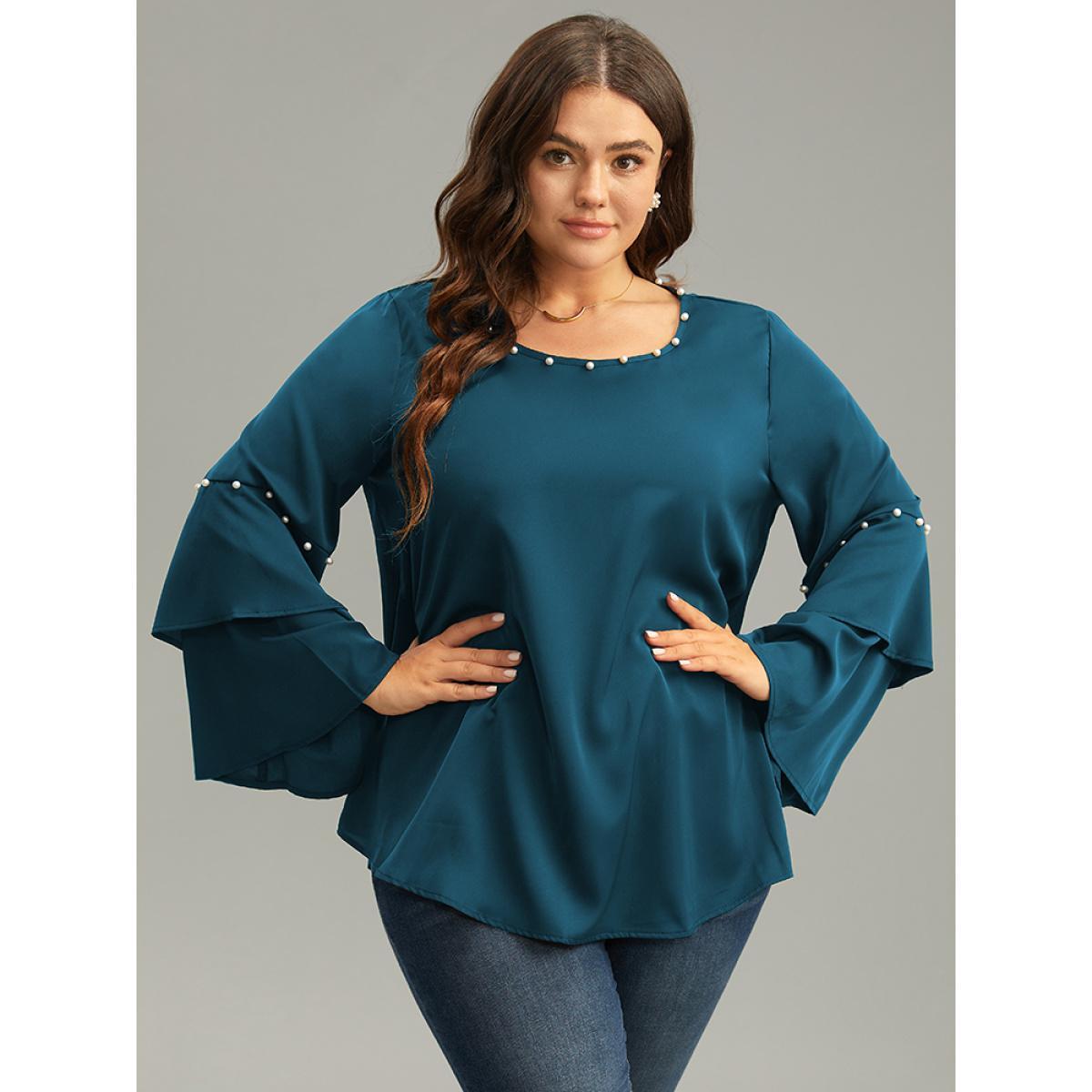 Plus Size Cyan Anti-Wrinkle Pearl Beaded Ruffle Layered Sleeve Blouse Women Glamour Long Sleeve Round Neck Going out Blouses BloomChic 18-20/2X Product Image
